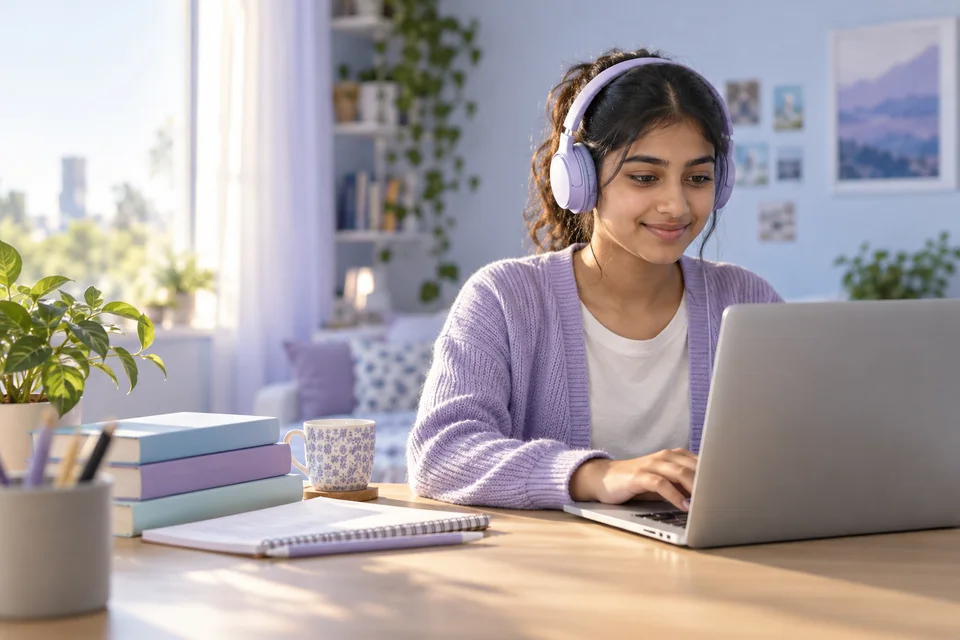 A learner wearing headphones exploring a lesson on her laptop