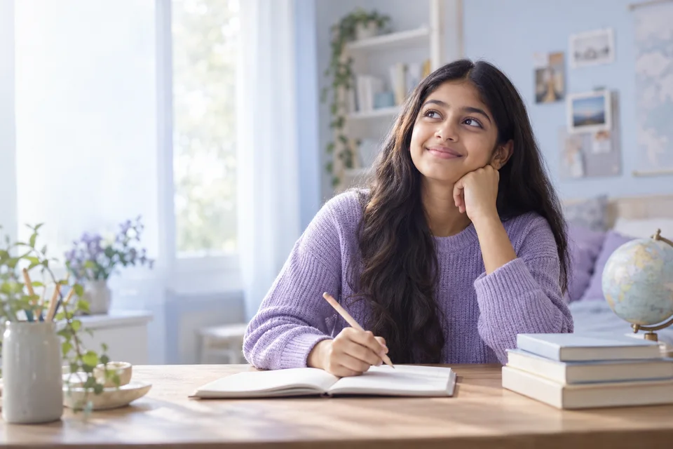 A curious learner in a lavender sweater thinking at her study desk