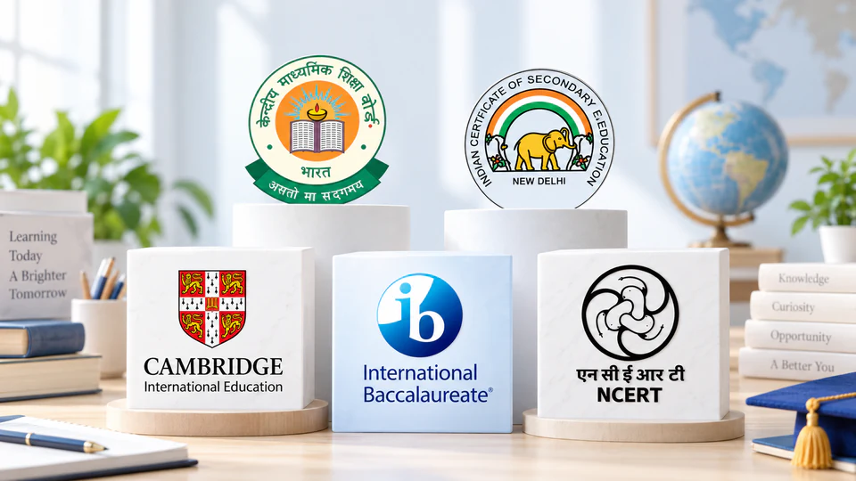 CBSE, ICSE, Cambridge, International Baccalaureate and NCERT emblems displayed on learning podiums