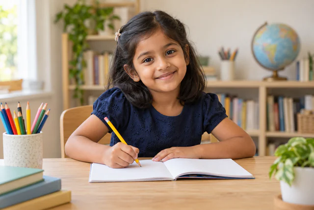 A young learner enjoying an open notebook in a bright, welcoming learning space.