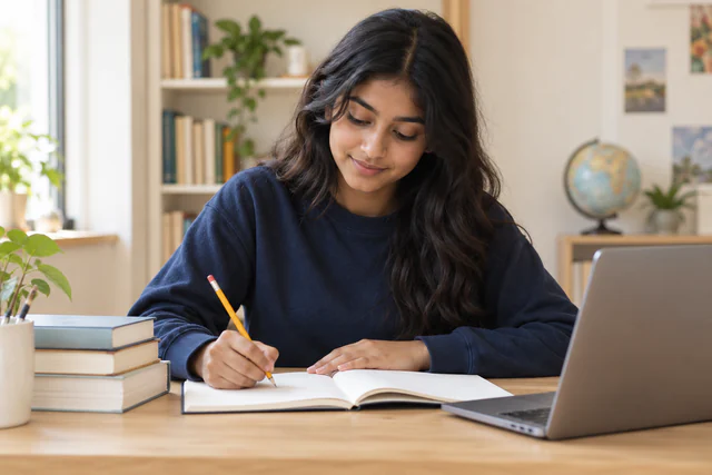 A senior learner exploring a subject at their desk