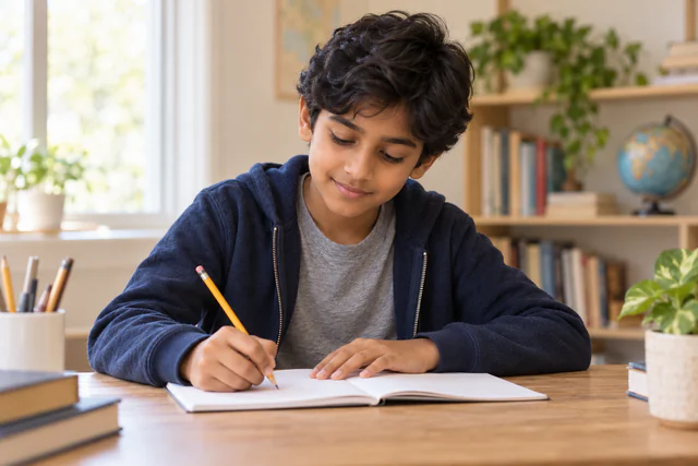 An upper-primary learner studying an open notebook at a bright desk with books nearby.
