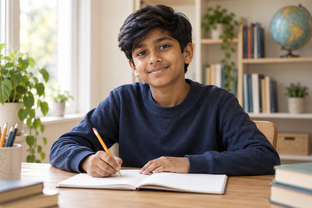 A learner reading and writing in a bright study space
