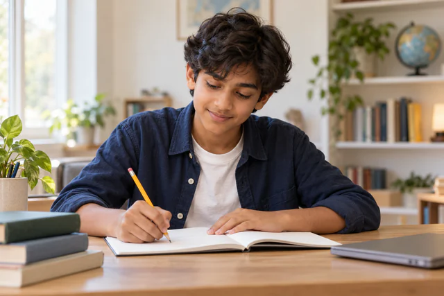 A middle-school learner studying in an open notebook beside books and a laptop.