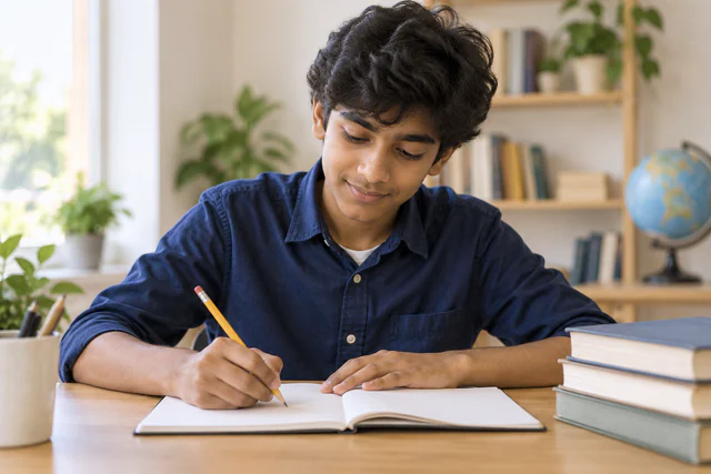 A secondary-school learner concentrating on written work at a desk with books nearby.