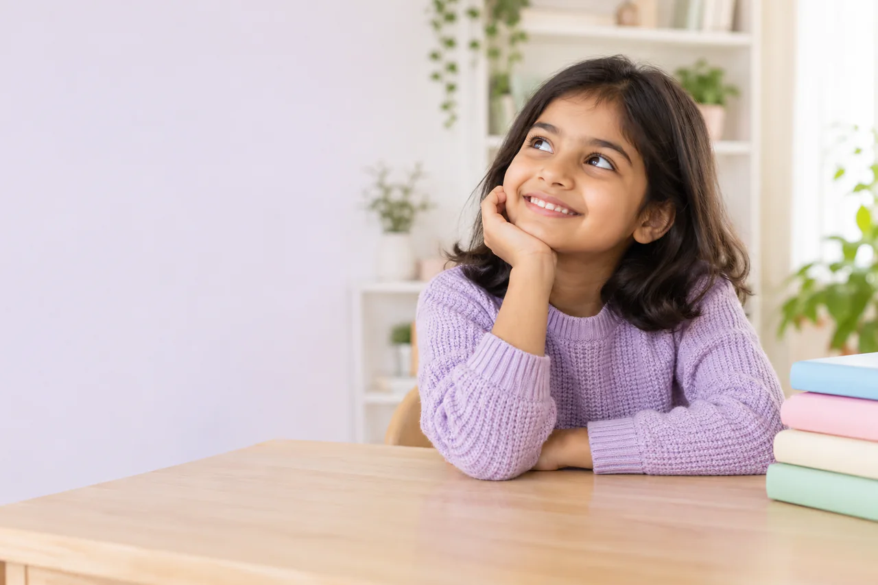 A fictional young learner in a lavender sweater smiling thoughtfully in a bright learning space