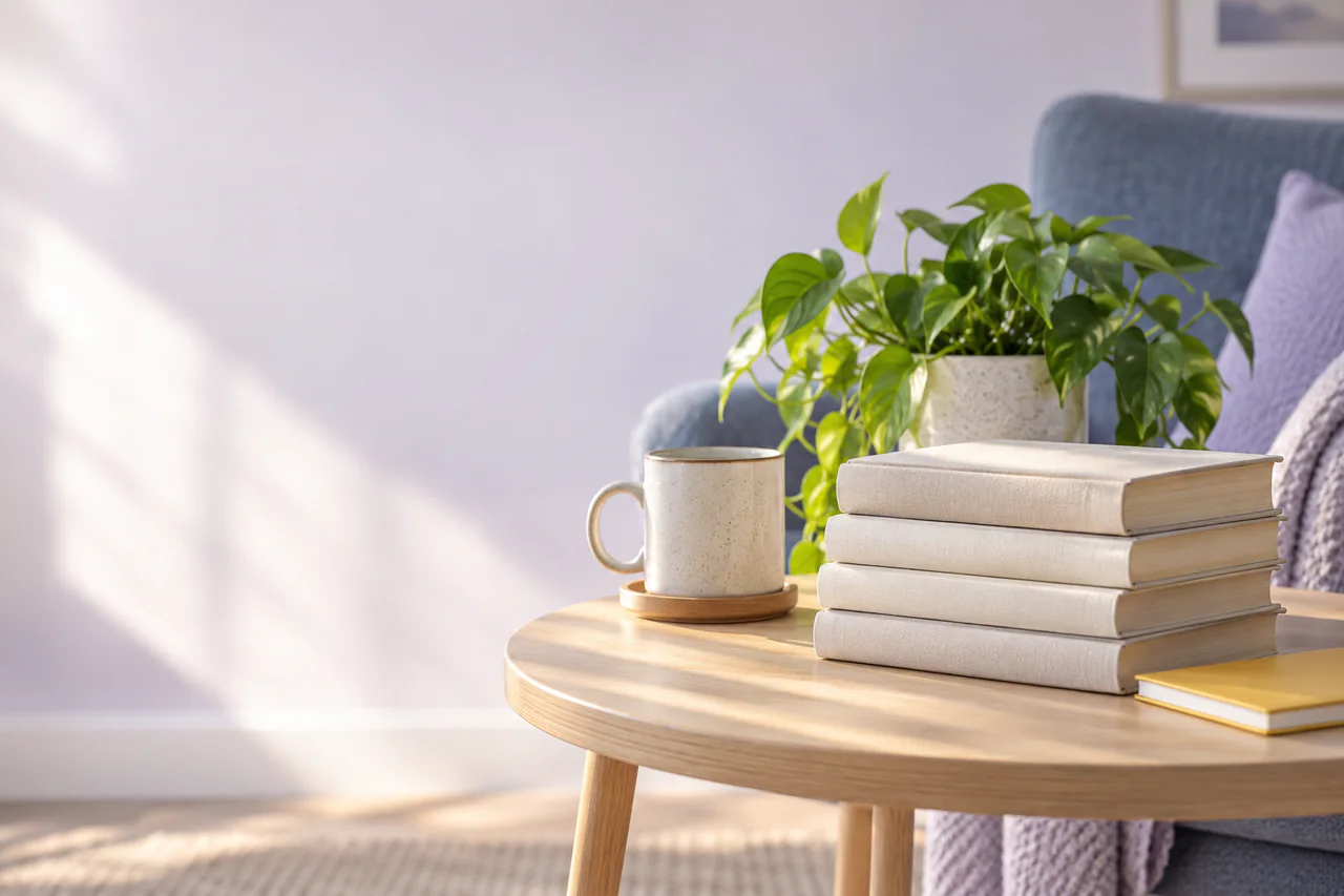 A stack of blank books beside a leafy plant in a welcoming, sunlit study corner