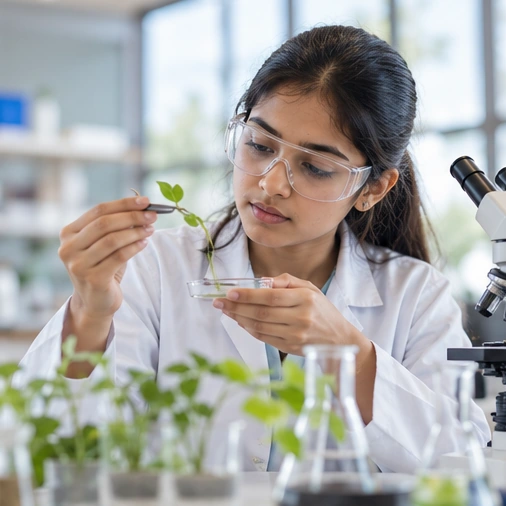 A science student carefully observing a plant in a laboratory