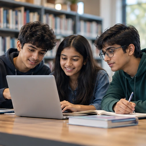 Students learning together around a laptop