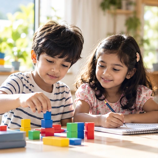 Two young learners exploring with coloured blocks
