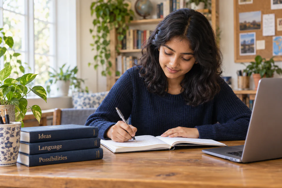 A learner writing in her notebook beside books in a bright, welcoming study space