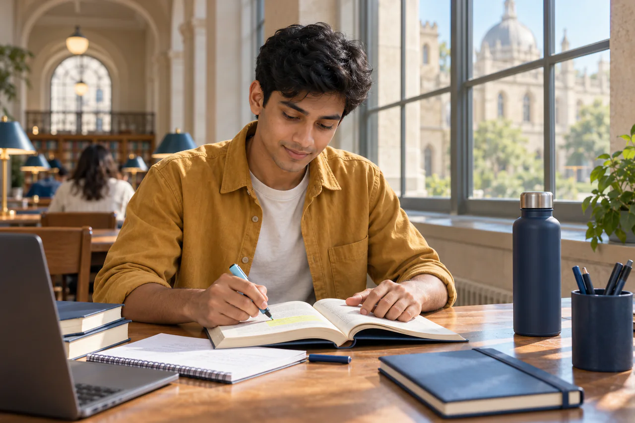 A fictional learner studying for AILET in a calm, well-lit study space