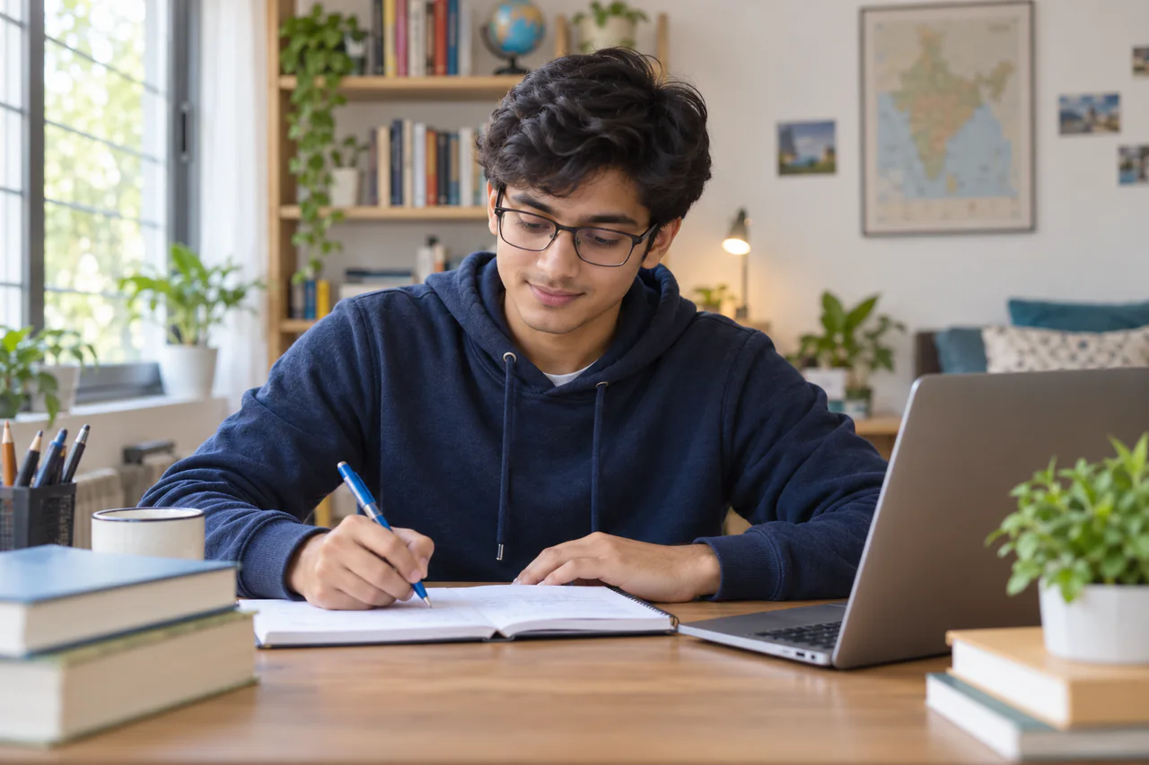 A fictional learner studying for BITSAT in a calm, well-lit study space