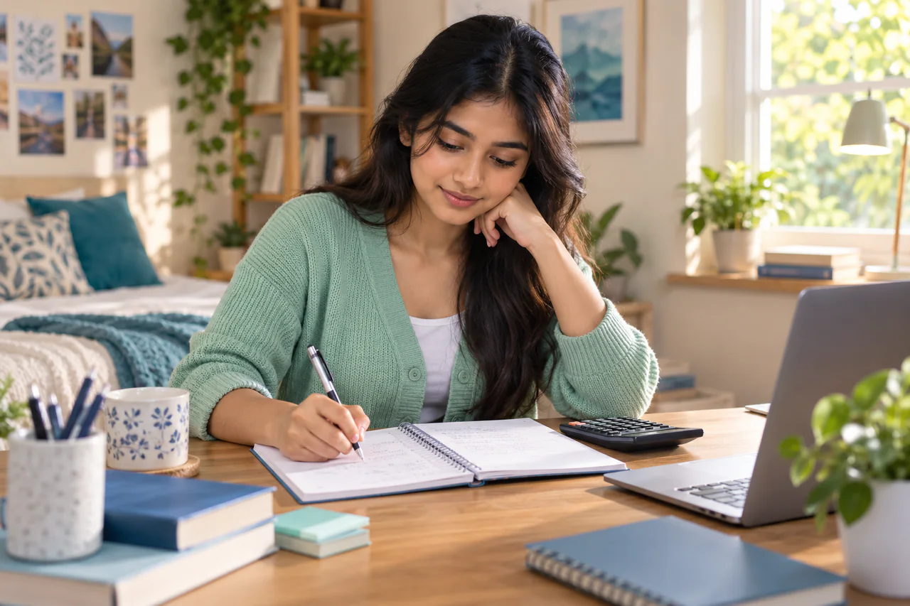 A fictional learner studying for CA Foundation in a calm, well-lit study space