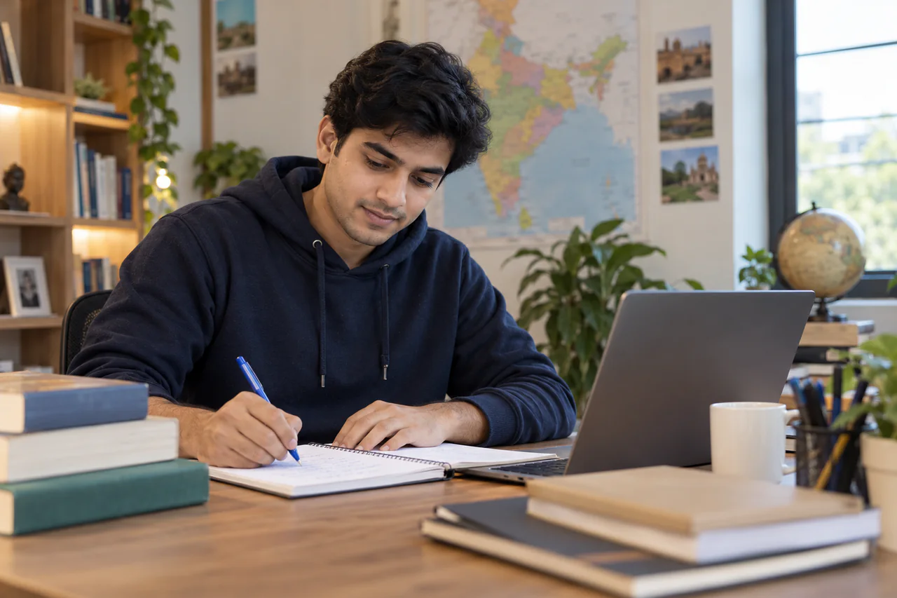 A fictional learner studying for CAPF in a calm, well-lit study space