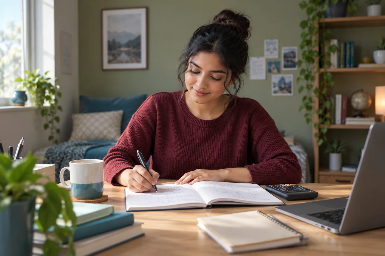 A fictional learner studying for CAT in a calm, well-lit study space