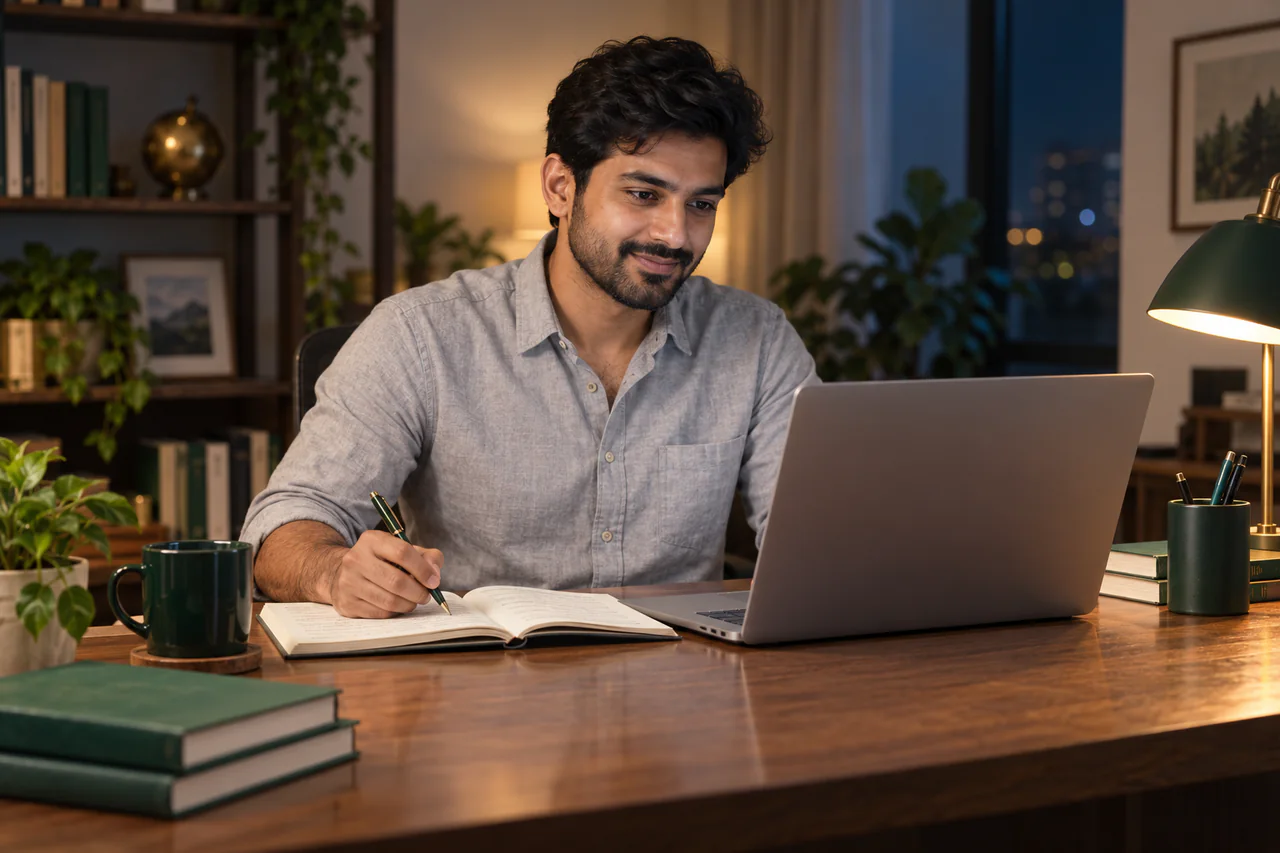 A fictional learner studying for CMA Final in a calm, well-lit study space