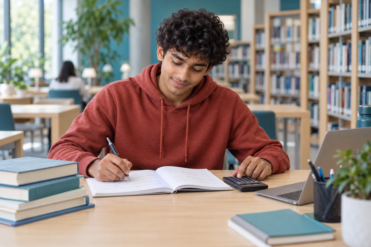 A fictional learner studying for CMA Foundation in a calm, well-lit study space