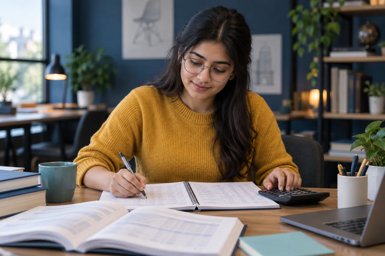 A fictional learner studying for CMA Intermediate in a calm, well-lit study space