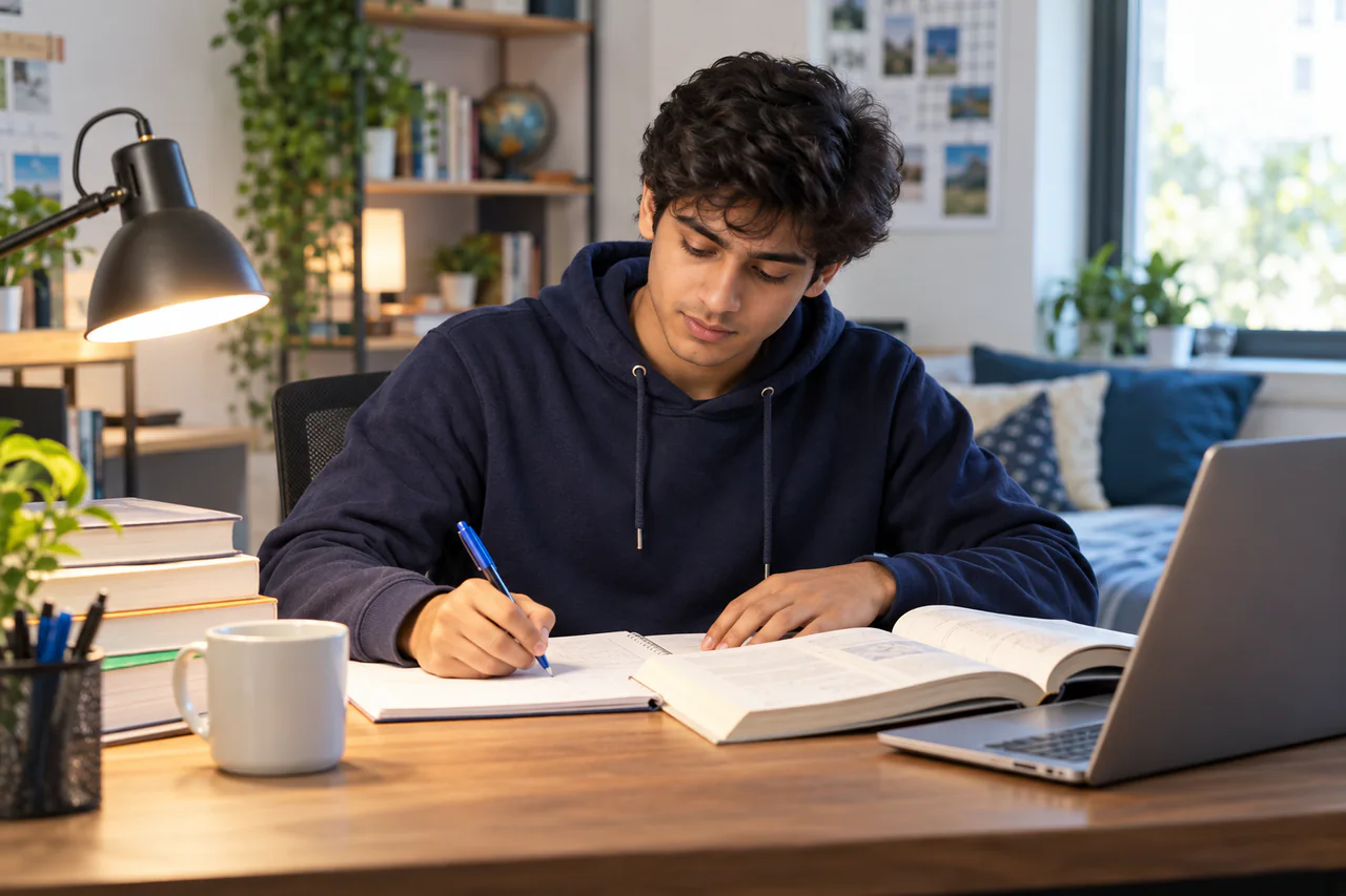 A fictional learner studying for COMEDK UGET in a calm, well-lit study space
