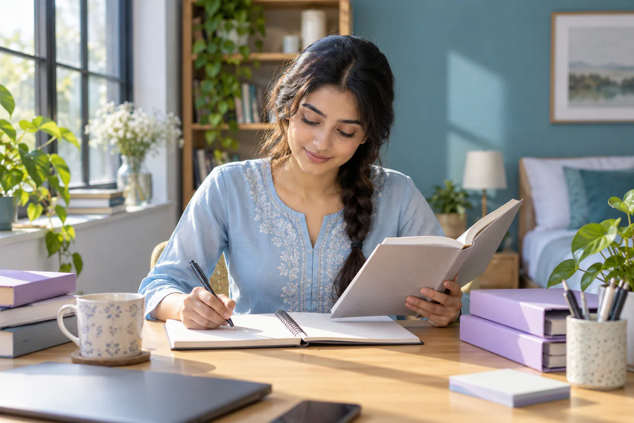 A fictional learner studying for CSEET / CS Executive in a calm, well-lit study space