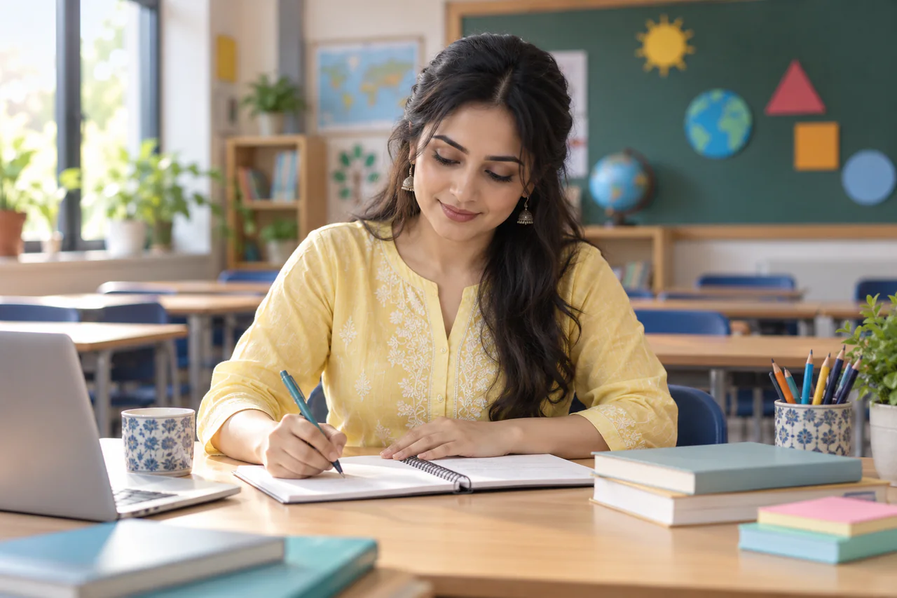A fictional learner studying for CTET in a calm, well-lit study space