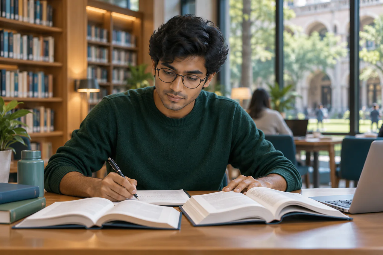 A fictional learner studying for CUET PG in a calm, well-lit study space