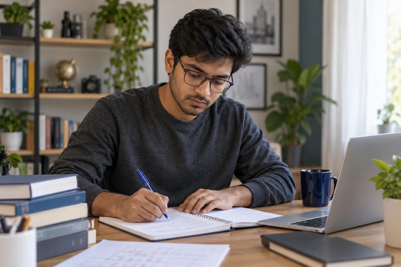 A fictional learner studying for GATE in a calm, well-lit study space