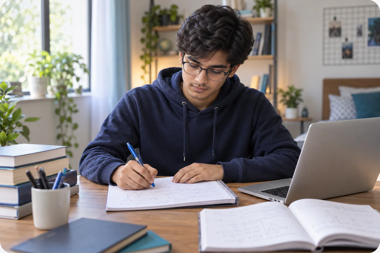 A fictional learner studying for JEE Advanced in a calm, well-lit study space