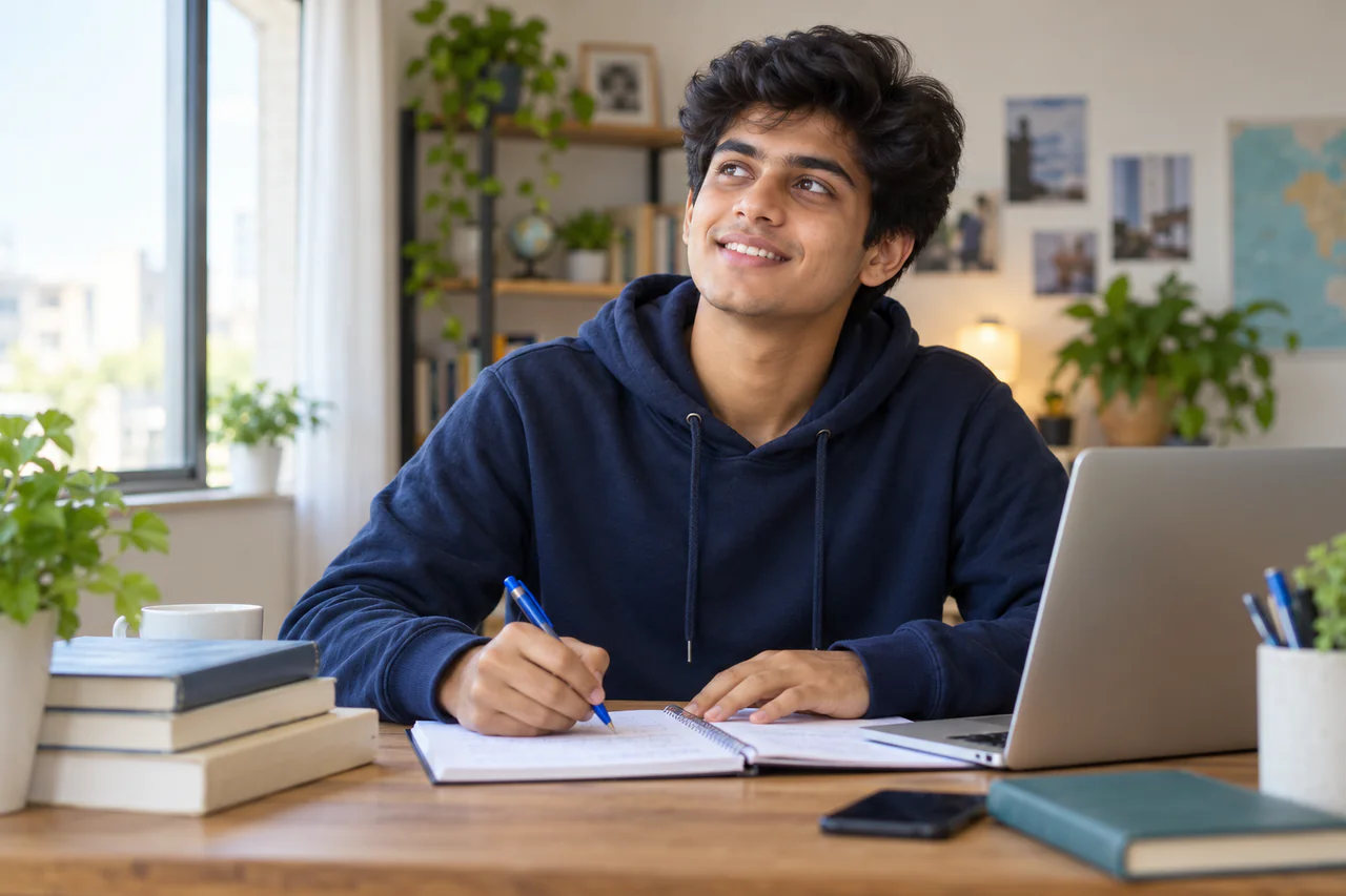 A fictional learner studying for MET in a calm, well-lit study space