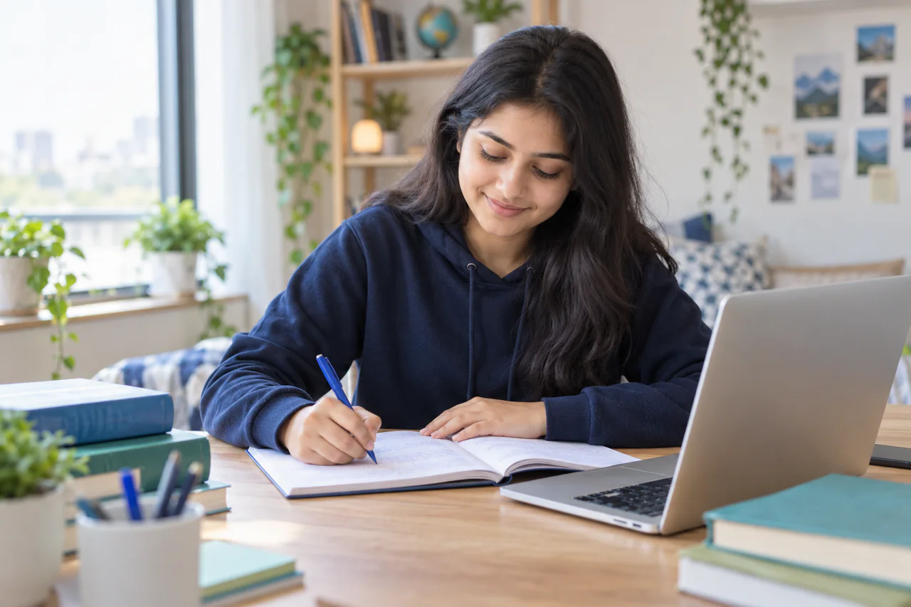 A fictional learner studying for MHT-CET in a calm, well-lit study space