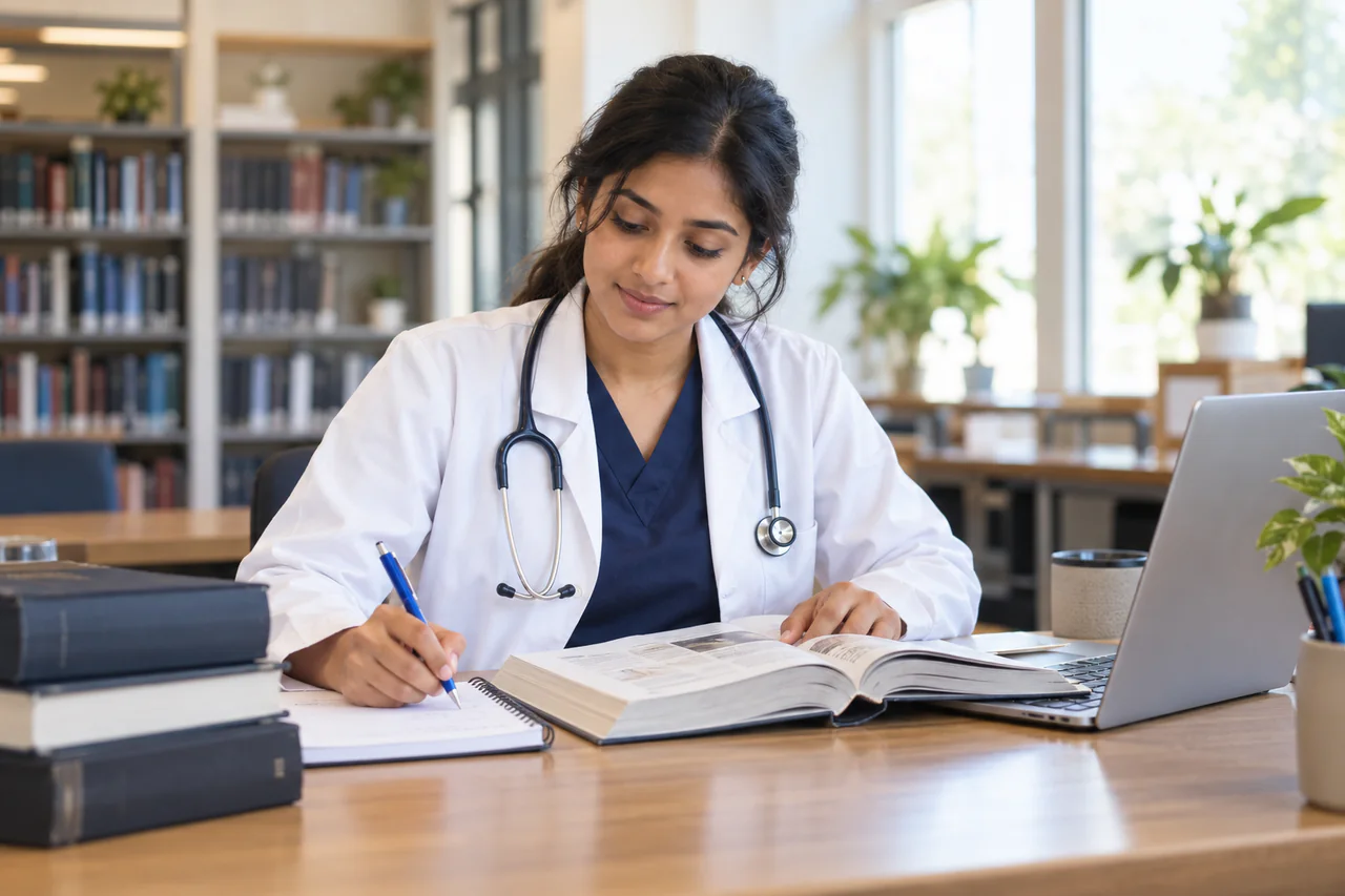 A fictional learner studying for NEET PG in a calm, well-lit study space