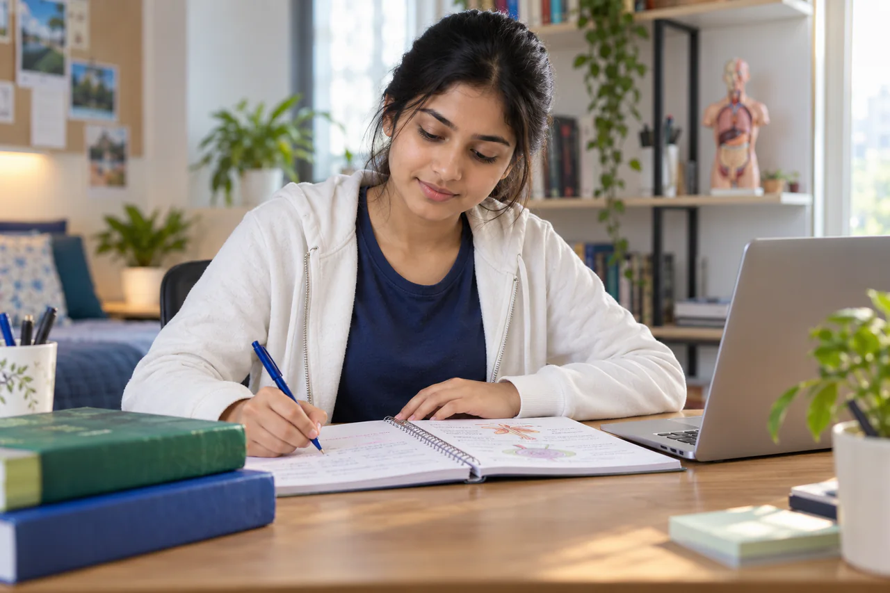 A fictional learner studying for NEET UG in a calm, well-lit study space