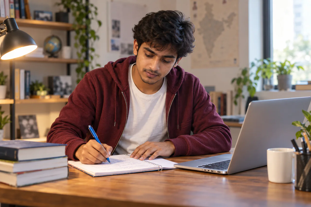A fictional learner studying for Railway Group D in a calm, well-lit study space