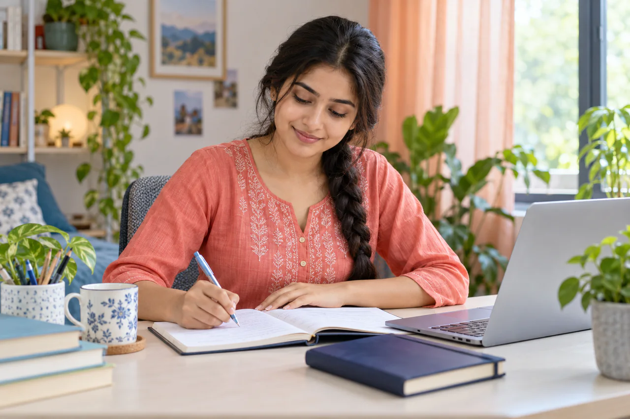 A fictional learner studying for SBI Clerk in a calm, well-lit study space
