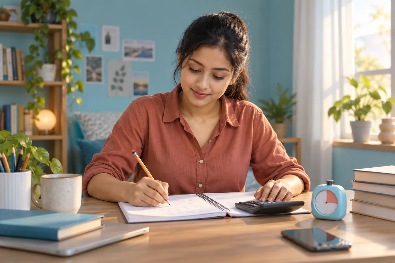A fictional learner studying for SNAP in a calm, well-lit study space