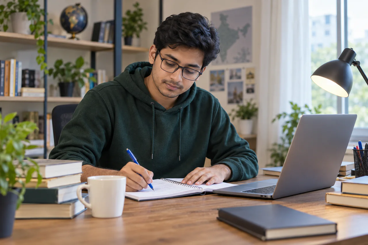A fictional learner studying for SSC CGL in a calm, well-lit study space