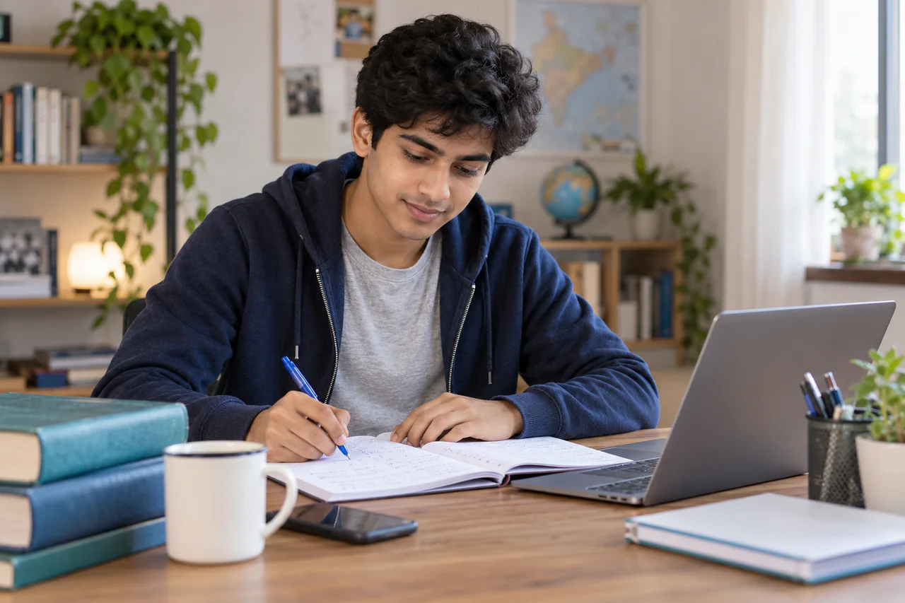 A fictional learner studying for SSC CHSL in a calm, well-lit study space