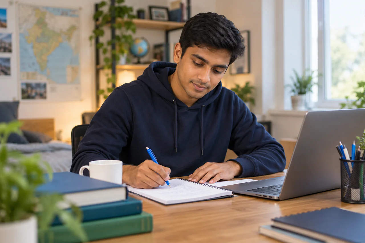 A fictional learner studying for SSC CPO in a calm, well-lit study space