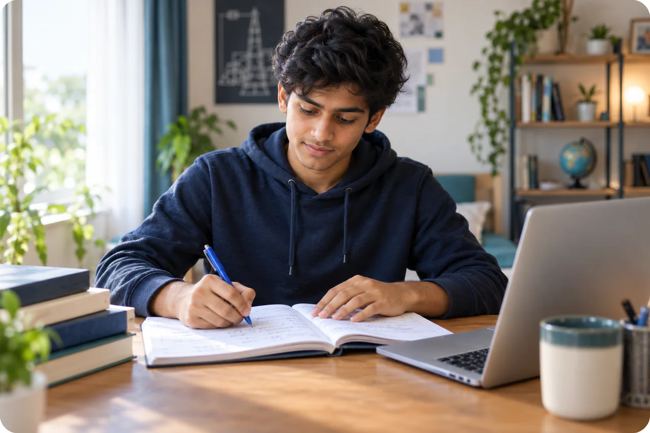 A fictional learner studying for VITEEE in a calm, well-lit study space