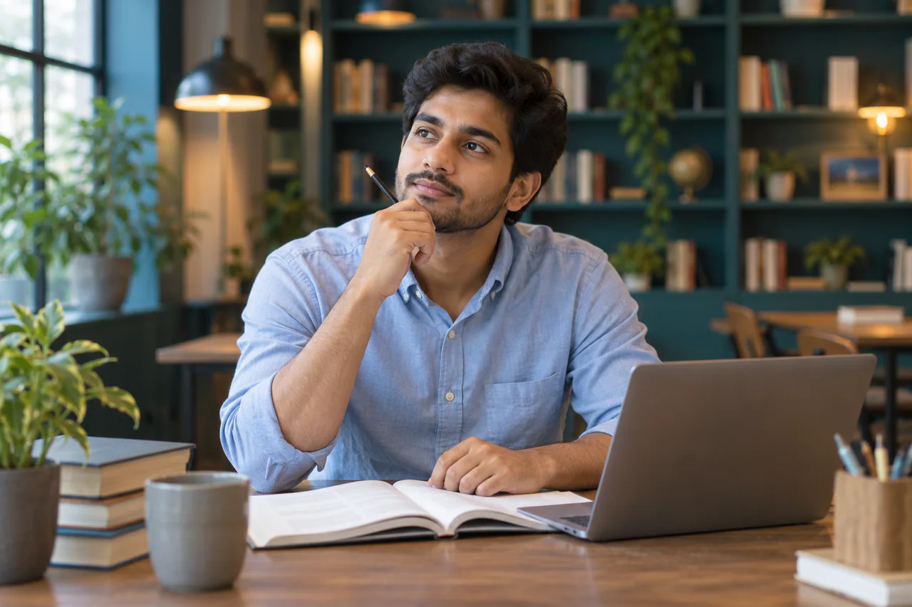A fictional learner studying for XAT in a calm, well-lit study space