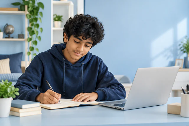 A learner writing in a notebook beside a laptop in a bright, welcoming study space