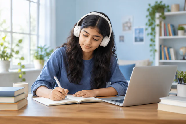 A learner wearing headphones and writing in a notebook beside a laptop in a welcoming study space