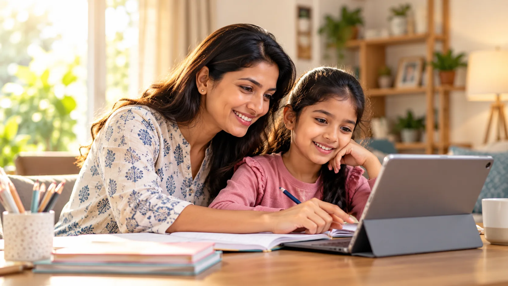 A parent and child learning together on a tablet