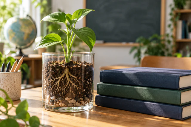 A young plant beside biology books and study materials