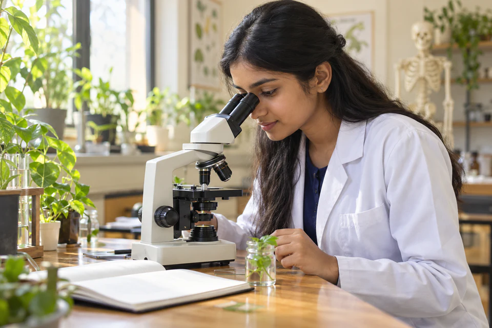 A learner studying a prepared slide with a microscope in a bright biology laboratory