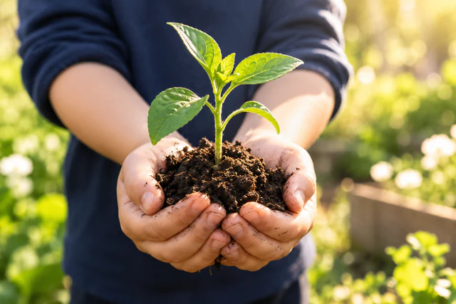 A seedling growing in soil, showing a small beginning in the natural world