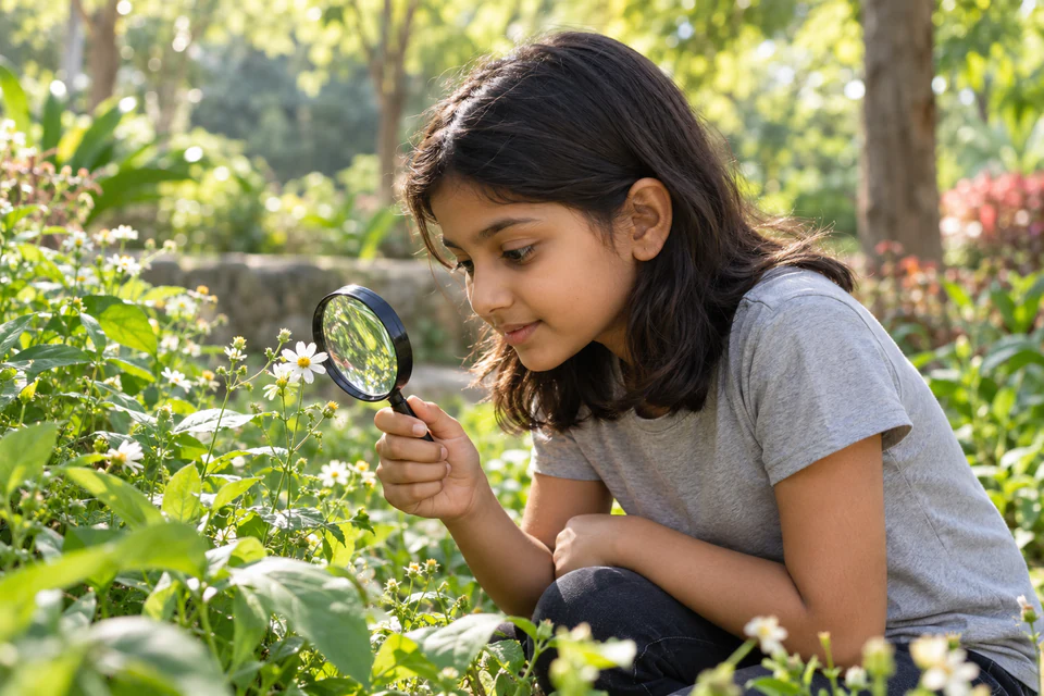 A young learner looking closely at plants with a magnifying glass in a sunlit garden