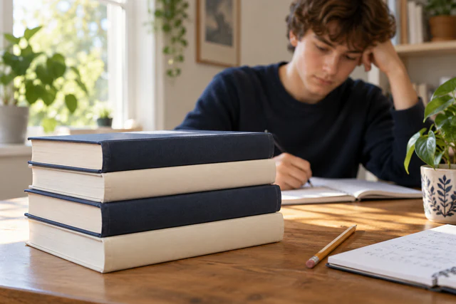Mathematics books and study notes representing analysis and reasoning