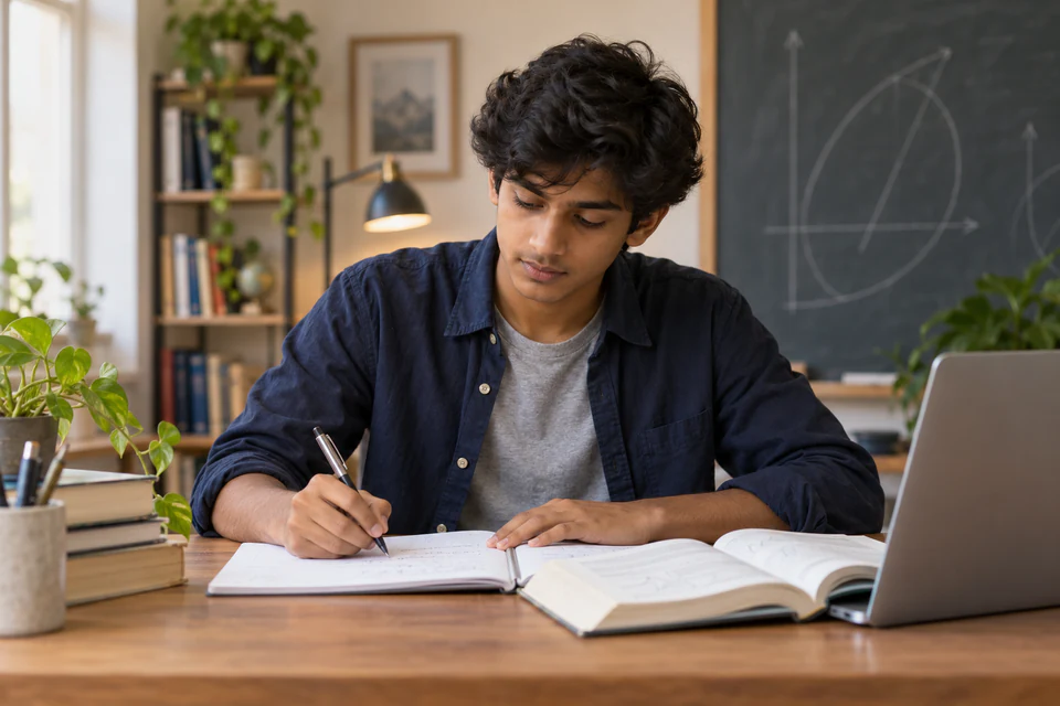 An older learner working on mathematics beside graphs and study books in a quiet study room